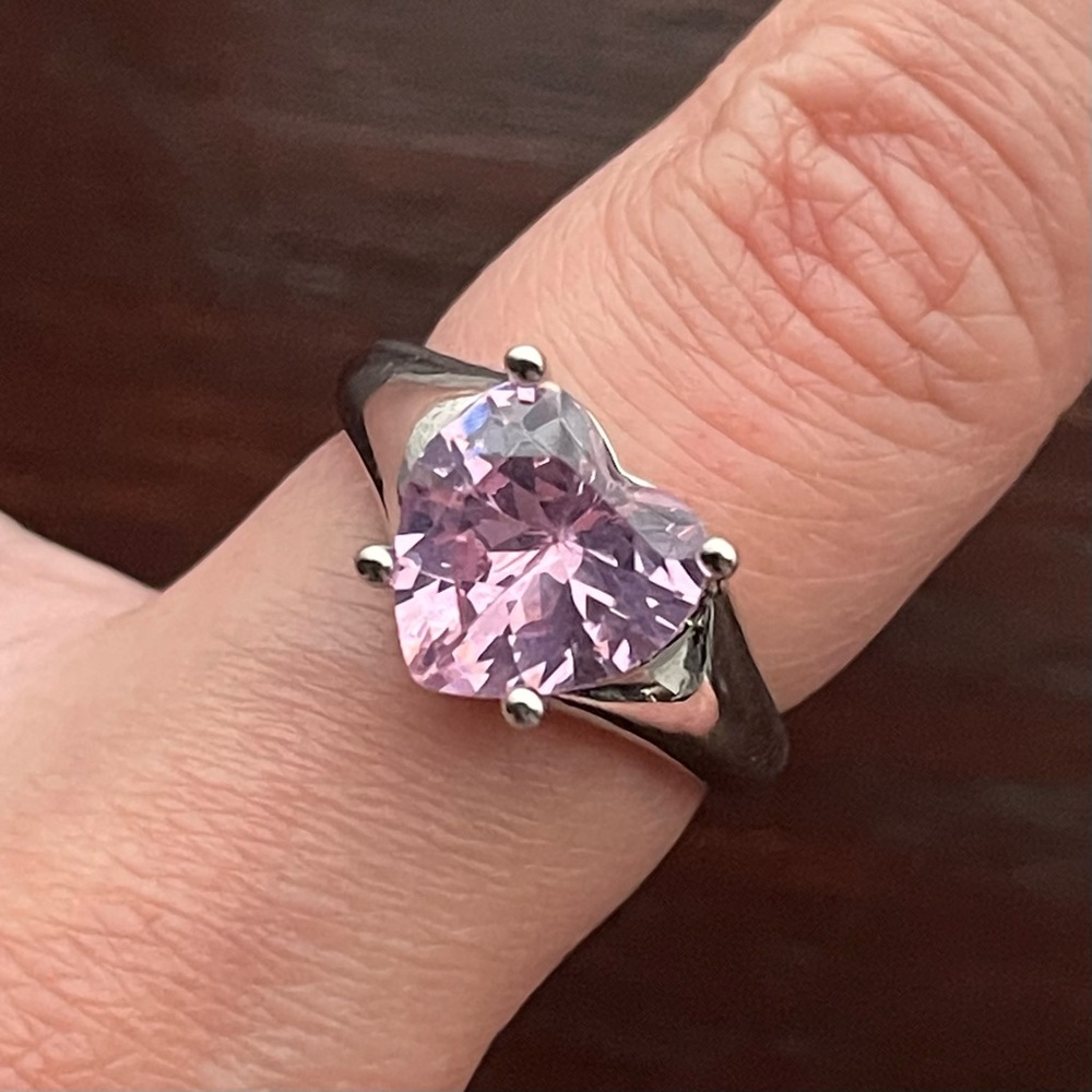 Silver Pink Crystal Heart Ring